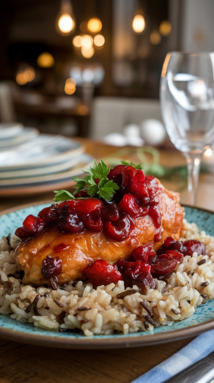 Sweet and Sour Cherry Chicken served with wild rice, garnished with parsley.